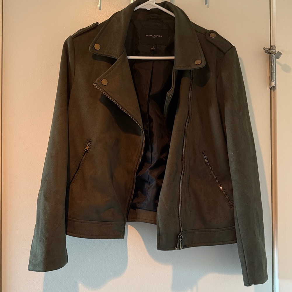 Banana republic jacket Womens Vegan Suede moto full zip green size small petite - Picture 3 of 7